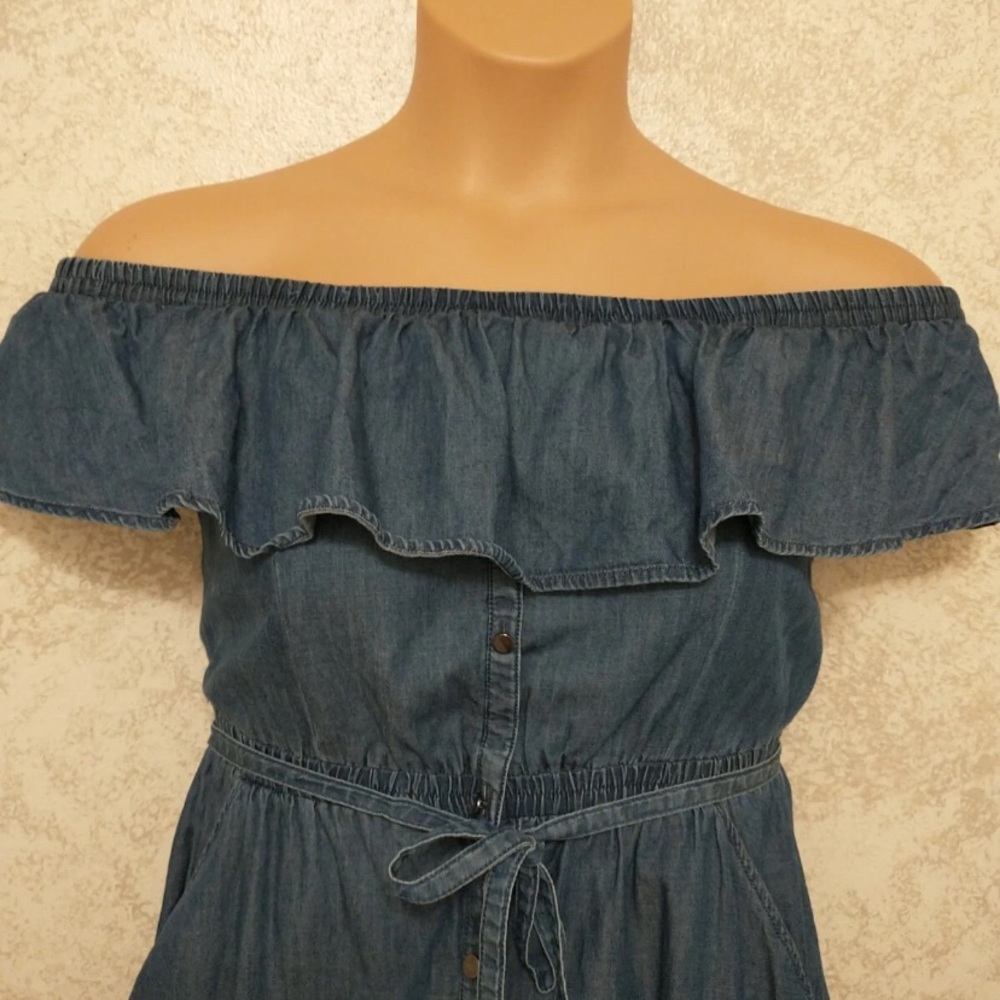 Express Faux Denim Off-Shoulder Ruffle Dress - Picture 6 of 12